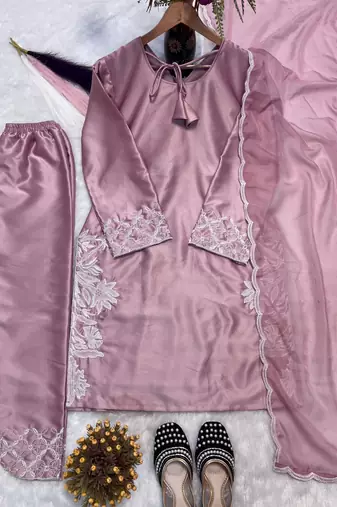pink crepe farshi salwar suit with detailed embroidery