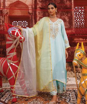 festive blue embroidered chanderi kurta set with dual tone dupatta 1
