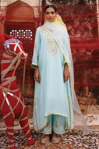 festive blue embroidered chanderi kurta set with dual tone dupatta