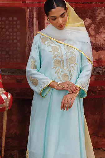 festive blue embroidered chanderi kurta set with dual tone dupatta