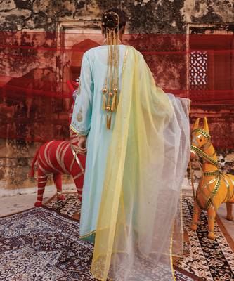 festive blue embroidered chanderi kurta set with dual tone dupatta 4