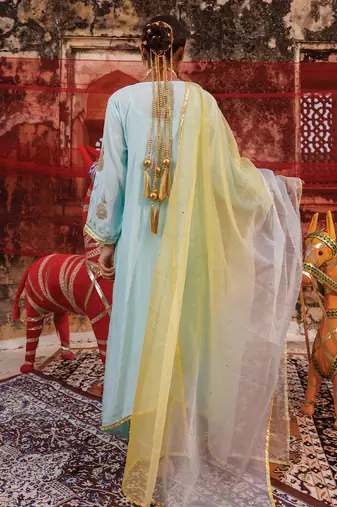 festive blue embroidered chanderi kurta set with dual tone dupatta