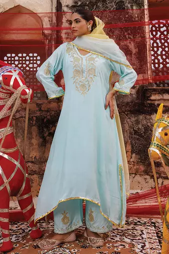 festive blue embroidered chanderi kurta set with dual tone dupatta