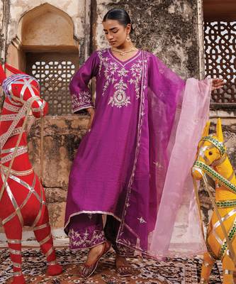 women   s purple embroidered chanderi kurta pant set with dupatta
 1