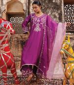 Purple embroidered chanderi kurta set with dual shaded dupatta 