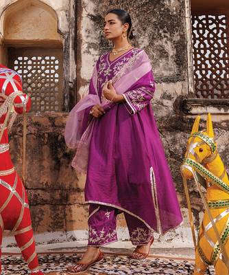 women   s purple embroidered chanderi kurta pant set with dupatta
 2