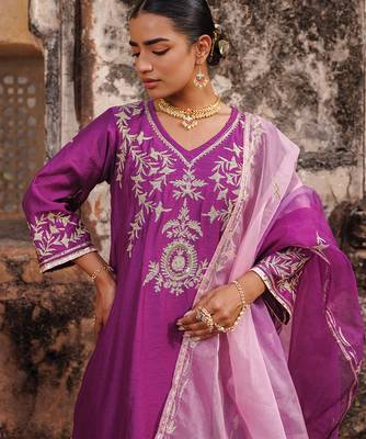 women   s purple embroidered chanderi kurta pant set with dupatta
 3