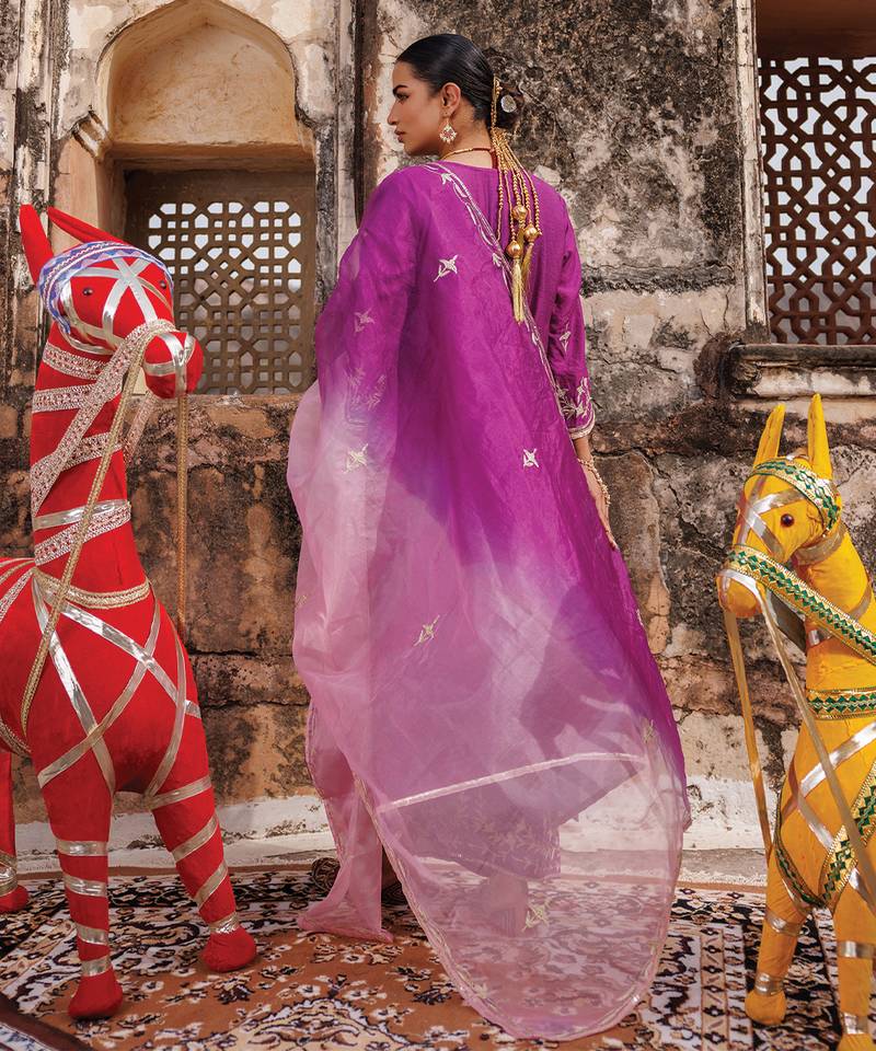 Purple embroidered chanderi kurta set with dual shaded dupatta 