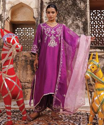 women   s purple embroidered chanderi kurta pant set with dupatta
 5