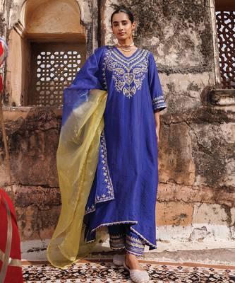 women   s blue embroidered chanderi kurta pant set with dupatta
 1