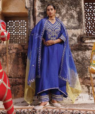 women   s blue embroidered chanderi kurta pant set with dupatta
 2
