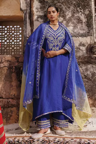 women’s blue embroidered chanderi kurta pant set with dupatta