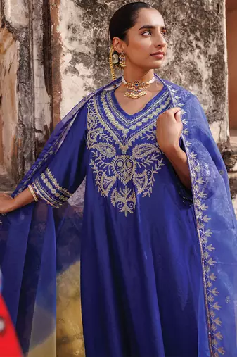 women’s blue embroidered chanderi kurta pant set with dupatta