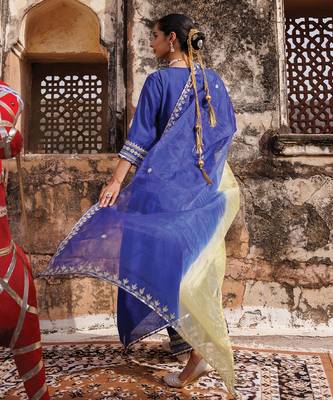 women   s blue embroidered chanderi kurta pant set with dupatta
 4