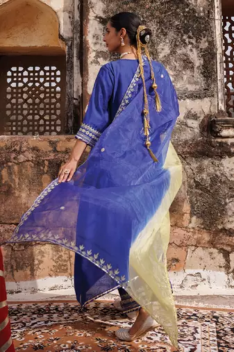 women’s blue embroidered chanderi kurta pant set with dupatta