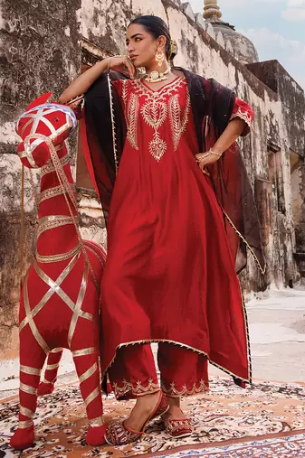 women   s red embroidered chanderi kurta pant set with dupatta