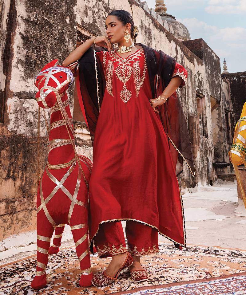 Red Chanderi Kurta Set With Dual-Shaded Dupatta