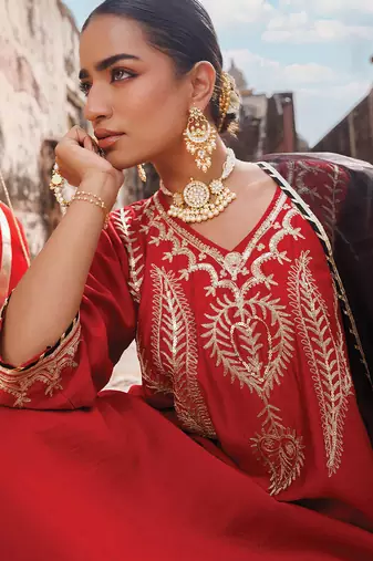 women   s red embroidered chanderi kurta pant set with dupatta