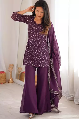 Wine Crunchy Silk Straight Kurta Bell Bottom Pant Set with Jari & Sequence Embroidery