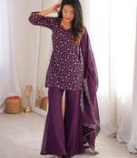 wine jari sequins embroidered silk kurta set