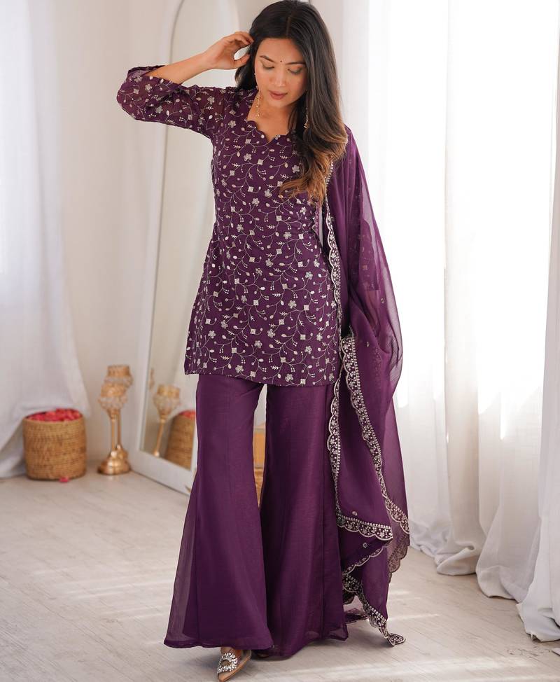 Wine Crunchy Silk Straight Kurta Bell Bottom Pant Set with Jari & Sequence Embroidery