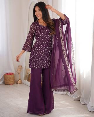 wine jari sequins embroidered silk kurta set 2
