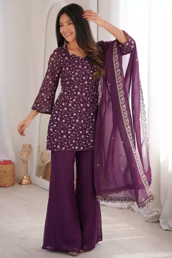 wine jari sequins embroidered silk kurta set