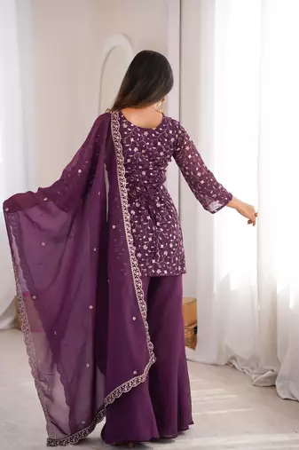 wine jari sequins embroidered silk kurta set