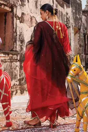 women   s red embroidered chanderi kurta pant set with dupatta