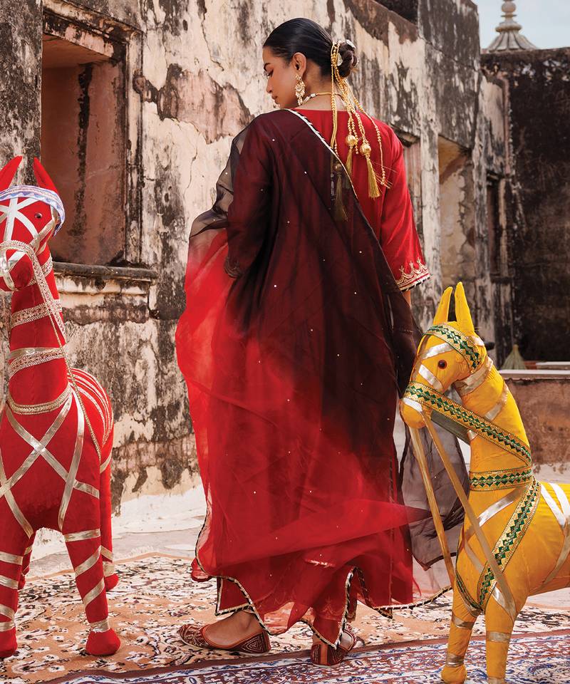 Red Chanderi Kurta Set With Dual-Shaded Dupatta