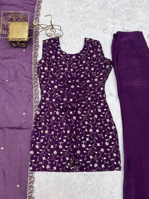 wine jari sequins embroidered silk kurta set 4