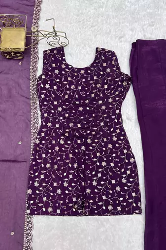 wine jari sequins embroidered silk kurta set