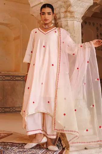 Peach embroidered chanderi kurta set