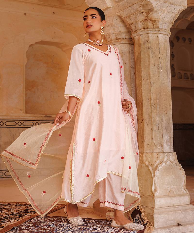 Peach embroidered chanderi kurta set