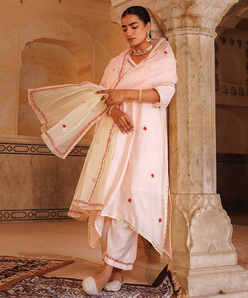 Peach embroidered chanderi kurta set