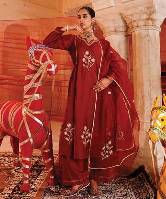 chanderi embroidered maroon kurta set for women 1