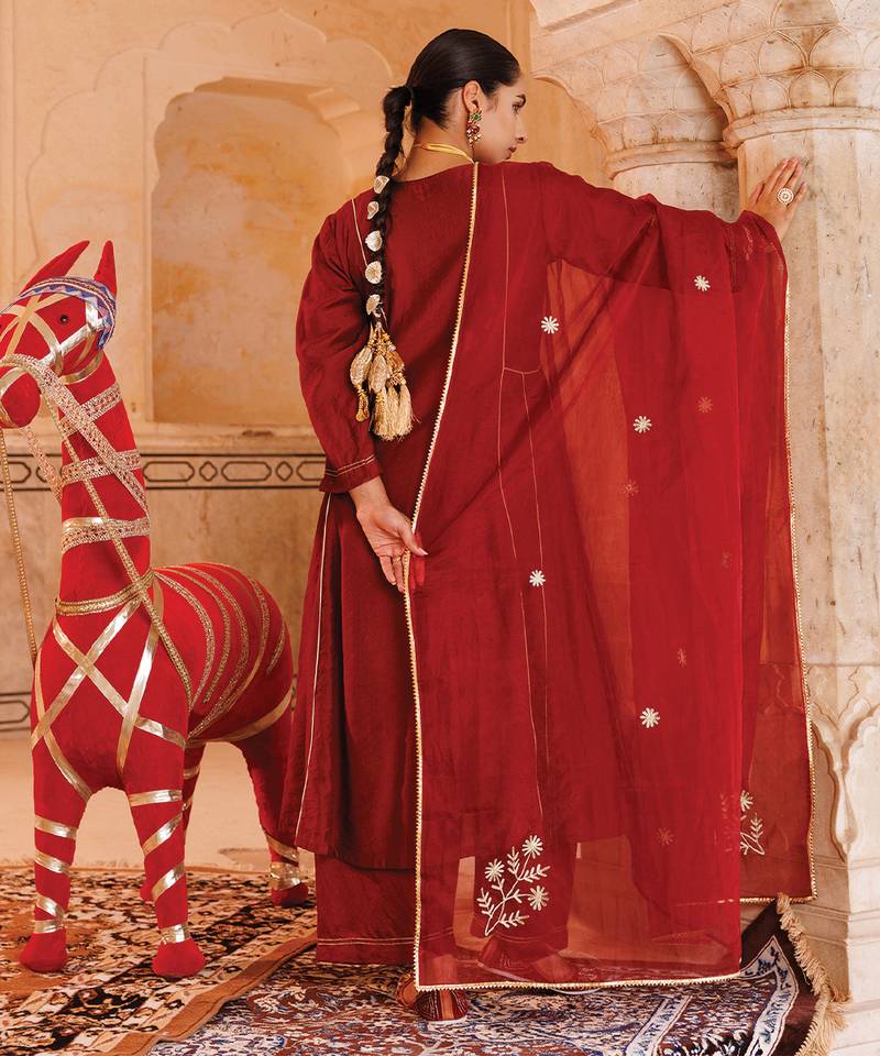 Maroon embroidered chanderi kurta set