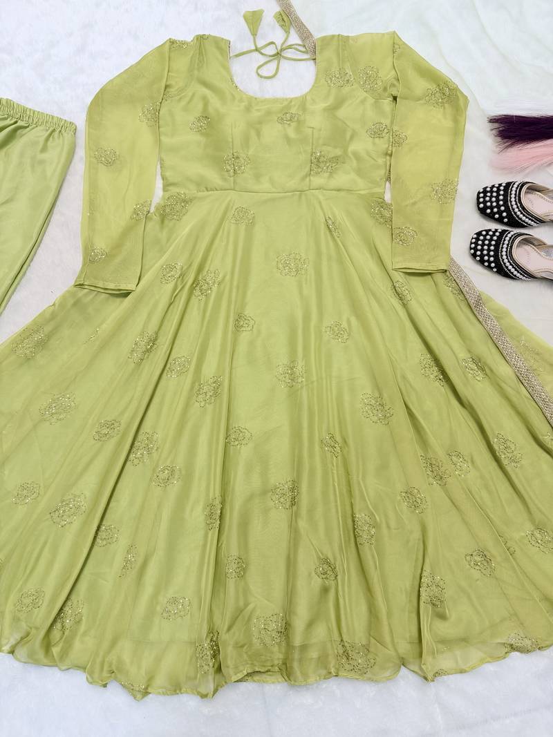 Light-green embroidery bids full stitched anarkali suit