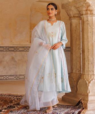 sky blue embroidered chanderi kurta set for women 1