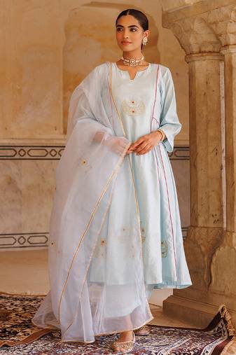 Sky blue embroidered chanderi kurta set