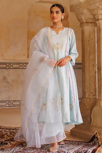 Sky blue embroidered chanderi kurta set