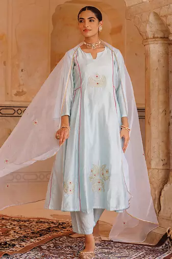 sky blue embroidered chanderi kurta set for women