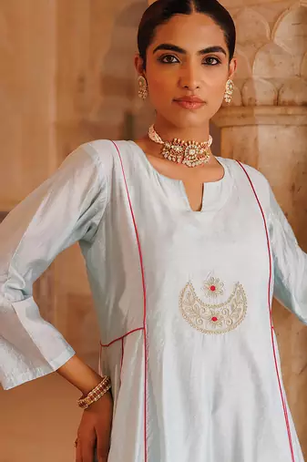 sky blue embroidered chanderi kurta set for women