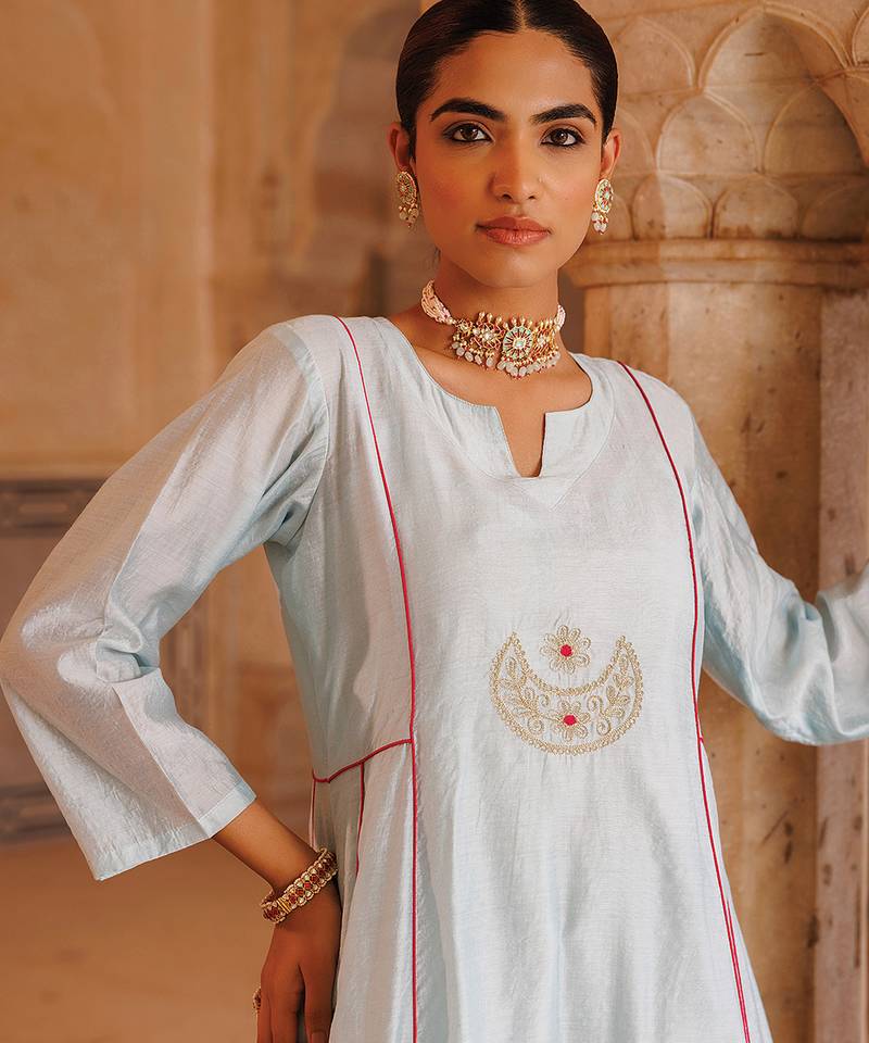 Sky blue embroidered chanderi kurta set