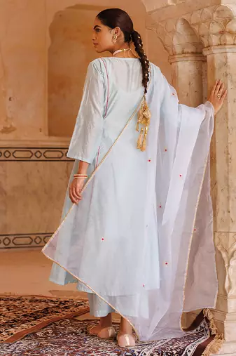 sky blue embroidered chanderi kurta set for women