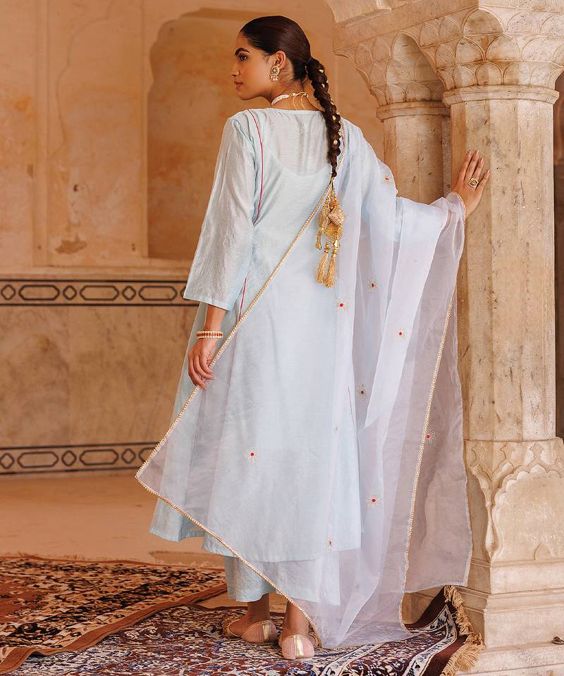 Sky blue embroidered chanderi kurta set