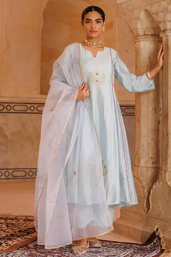 sky blue embroidered chanderi kurta set for women