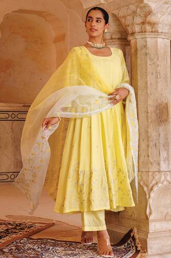 Yellow embroidered chanderi anarkali set