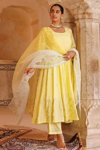 Yellow embroidered chanderi anarkali set