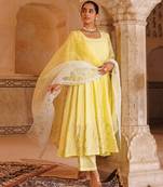 Yellow embroidered chanderi anarkali set